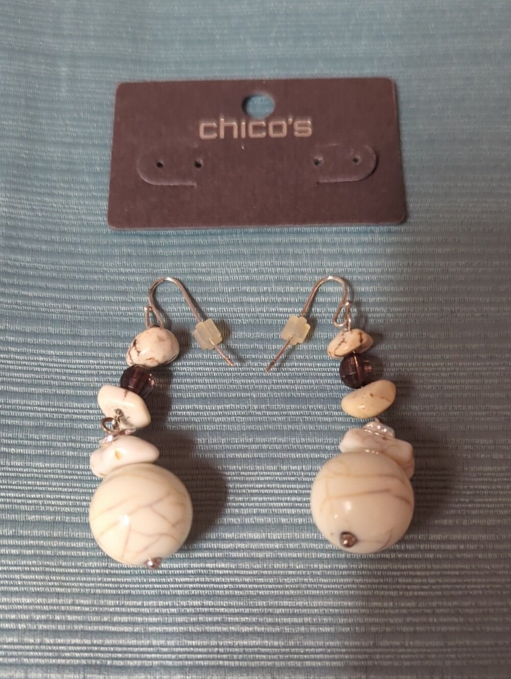 Chico's Cream Stone and Brown Bead Drop Earrings